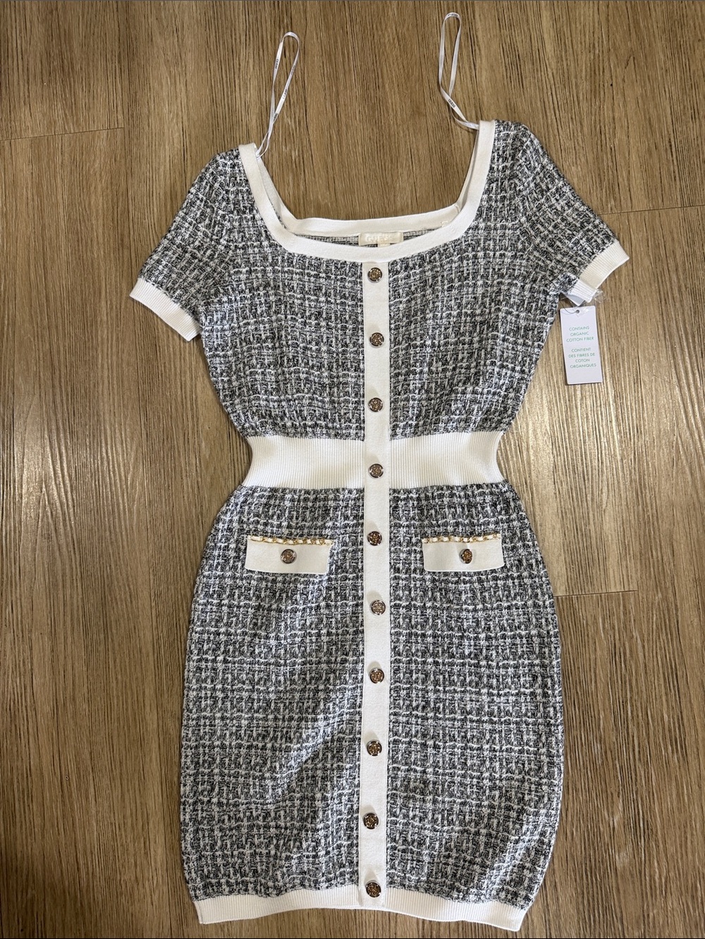 New Guess Women's Tweed Button-Front Knit Dress in Black & White XL